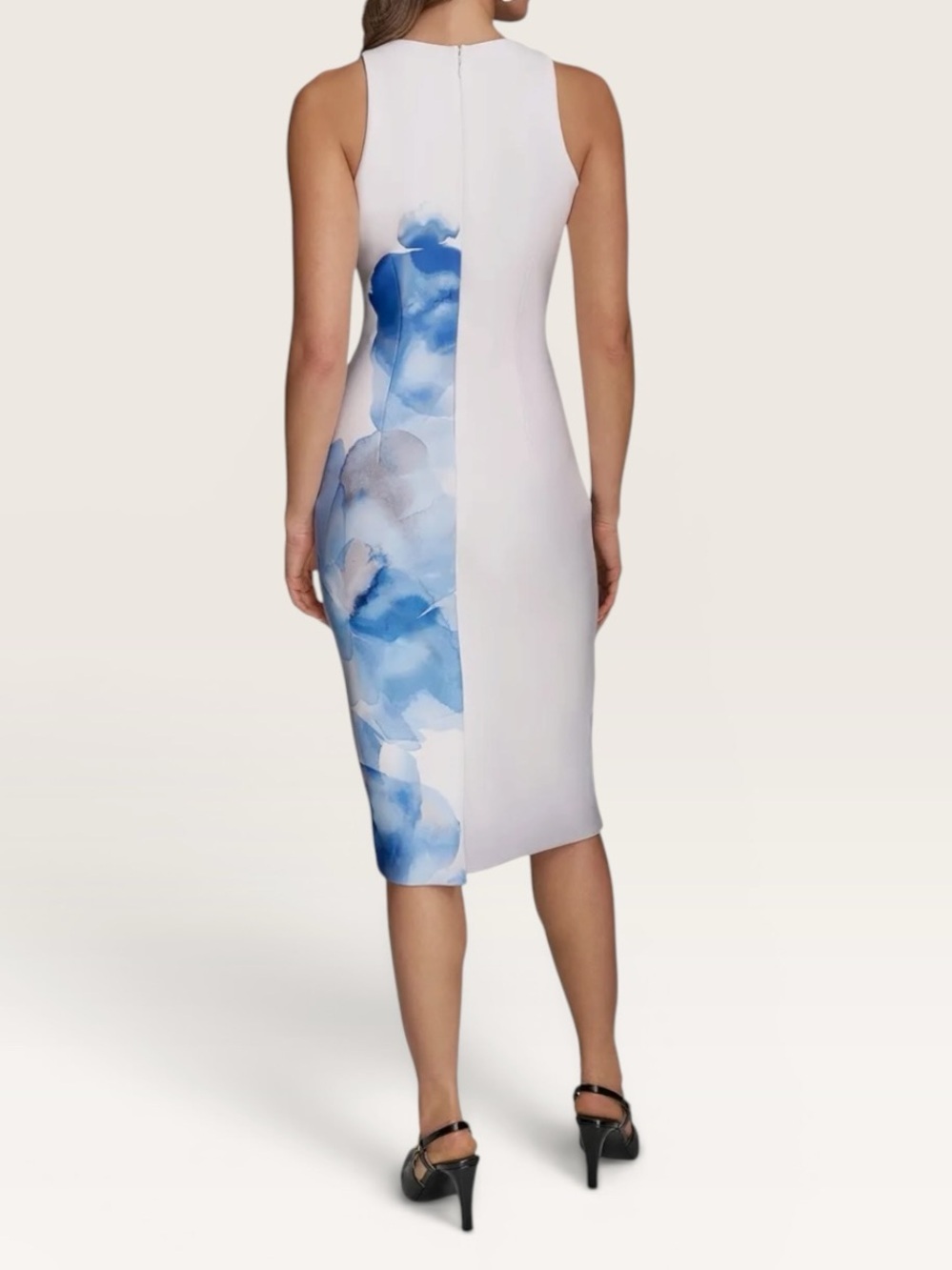 Donna Karan NWT Cielo White Blue Floral Print Sleeveless Scuba Knit Sheath Dress - Picture 3 of 16
